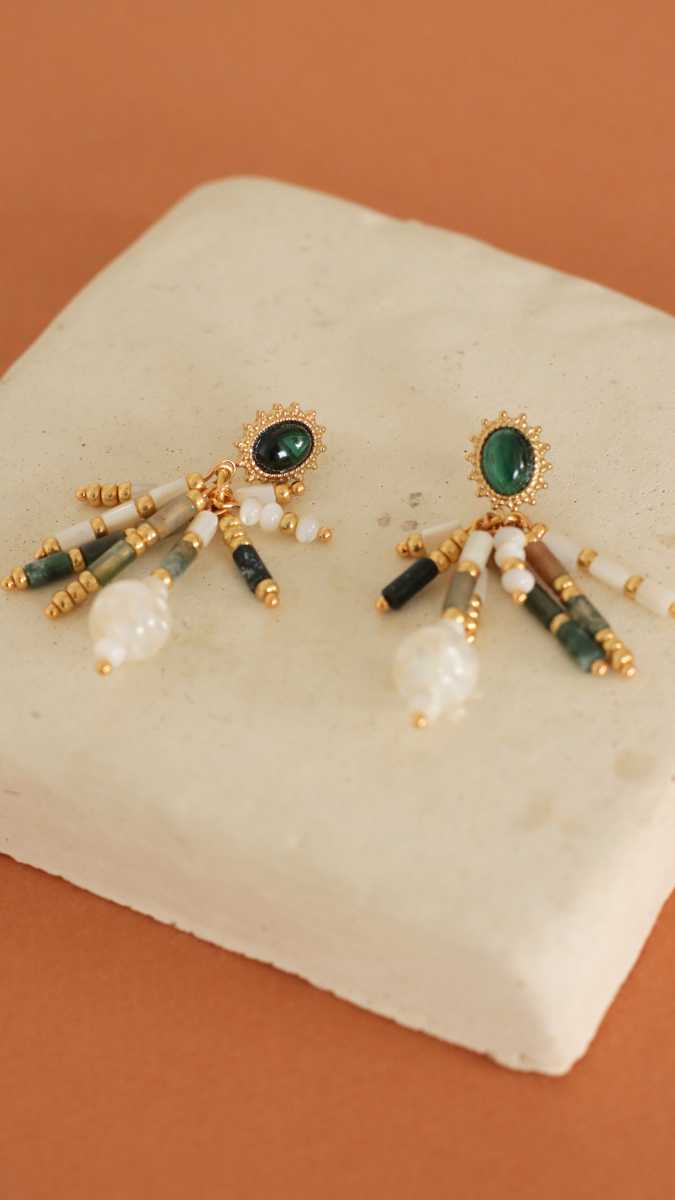 Boucles d'oreilles à franges nacre et pierres naturelles