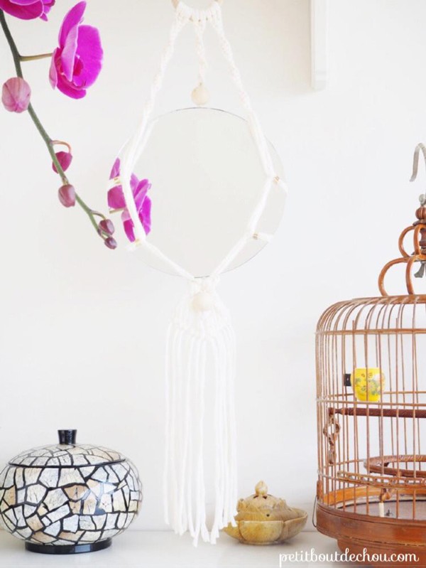 Schéma DIY miroir suspendu macramé et perles en bois tendance