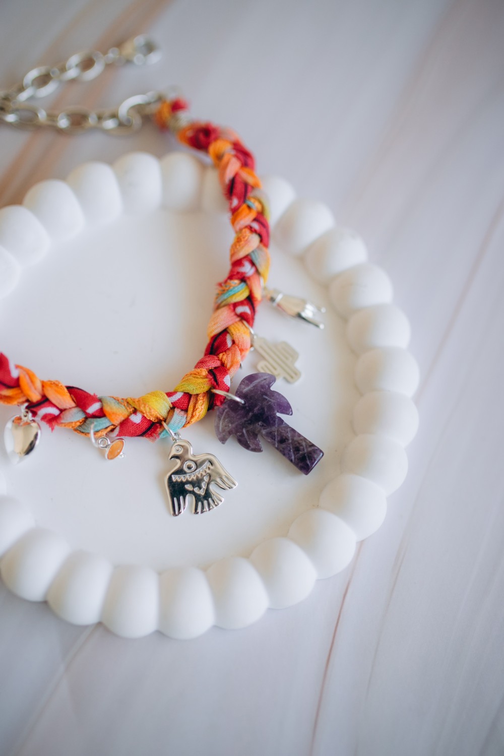 Schéma Collier tressé avec palmier en Améthyste et breloque argent 925