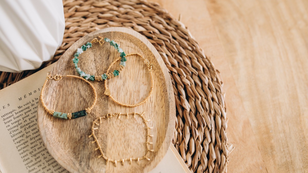 Schéma Ensemble de bracelets vert et doré en pierres naturelles