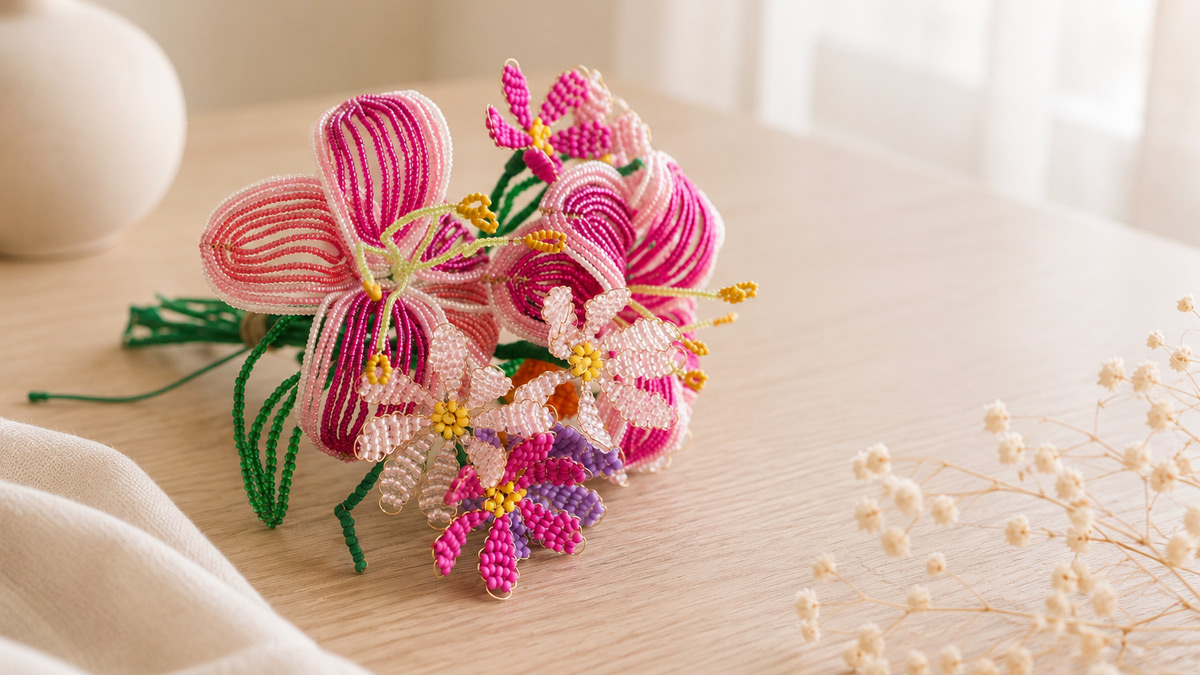 Bouquet de fleurs en perles de rocailles - Fleur de lys et Marguerite