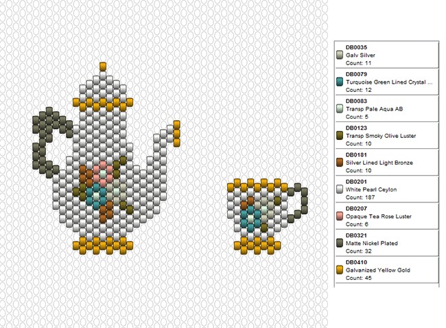 Schéma Motif service à thé en tissage Brick stitch avec des perles Miyuki Delicas 11/0