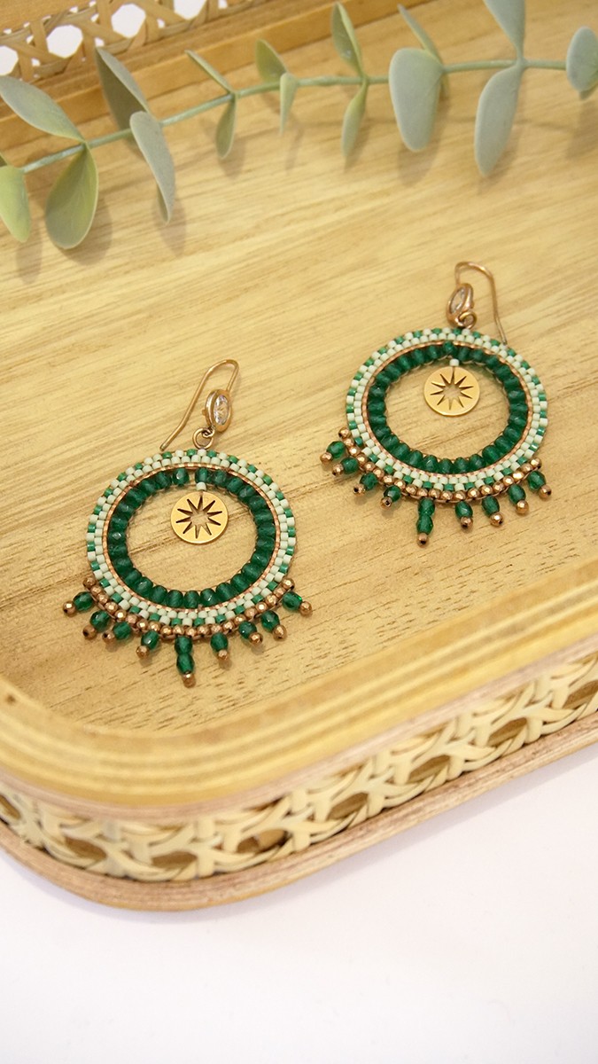 Schéma Création DIY boucles d'oreilles Créoles Tissage Brickstitch Miyuki Delicas Emeraude