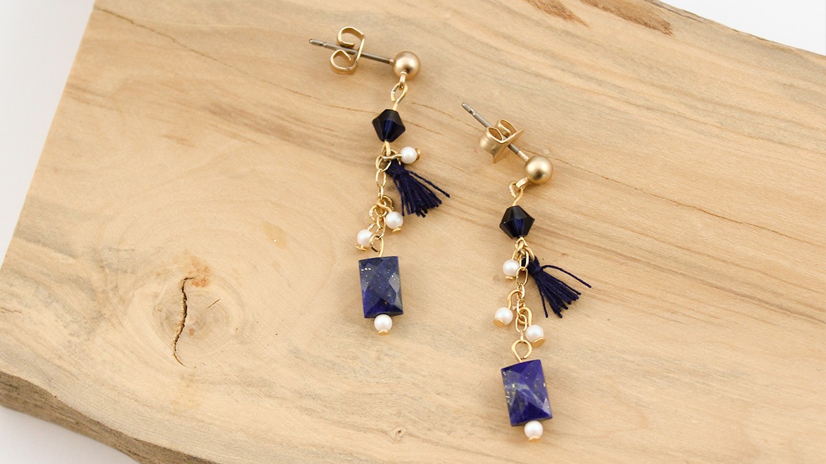 Boucles d'oreilles pendantes Lapis Lazuli et perles Swarovski ou PureCrystal